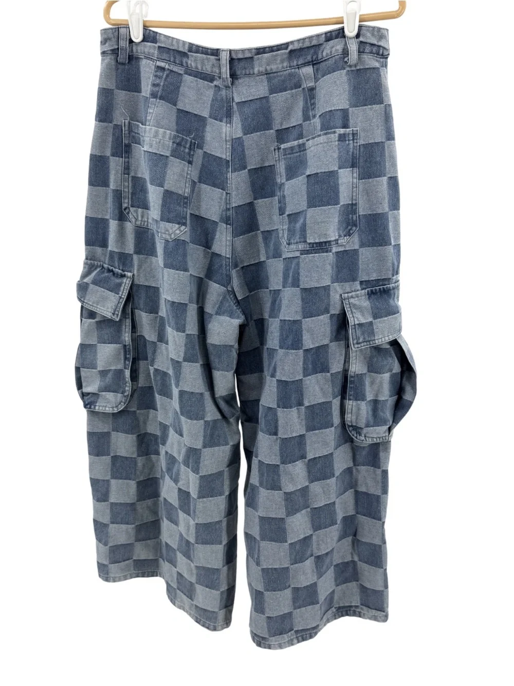 Bibi Checkerboard Denim Cargo wide leg barrel Jeans Pants Two-Tone Blue XL denim - Picture 2 of 11
